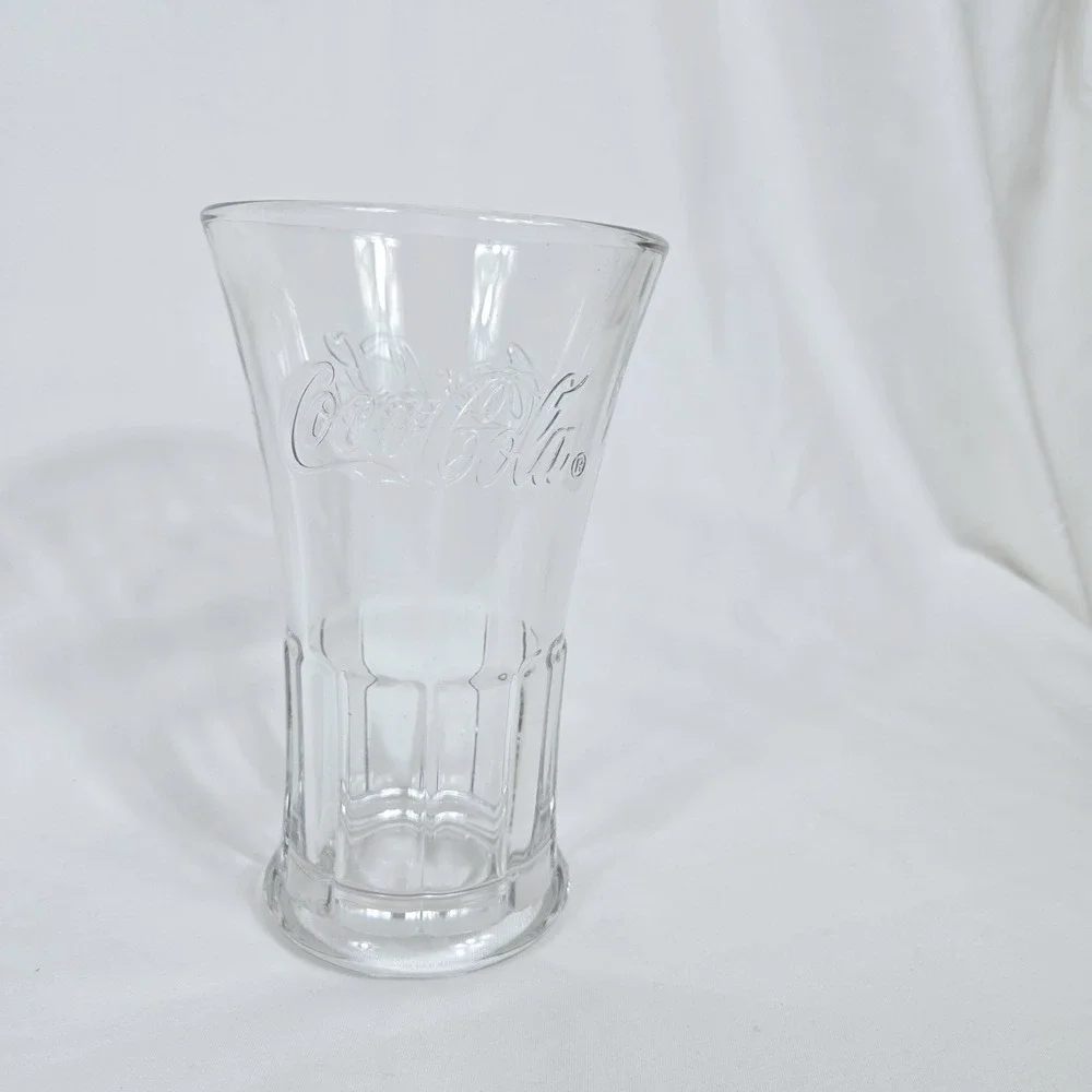 Coca Cola Clear Embossed Logo Flared Heavy Glass Tumbler 16oz Vtg Retro Art Deco